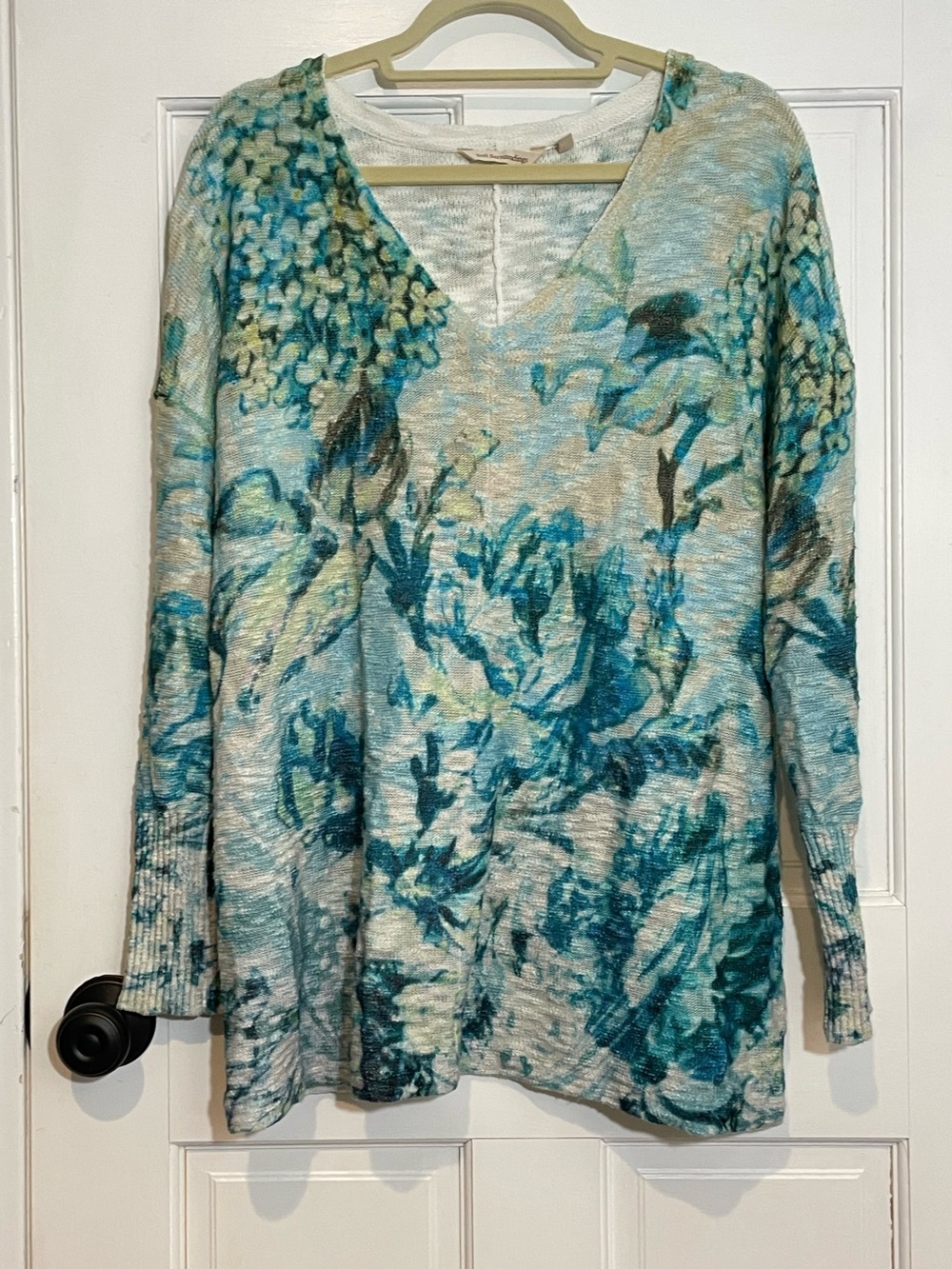 Soft Surroundings Kimi Floral Tunic Sweater XL Blue Watercolor V-Neck Cotton